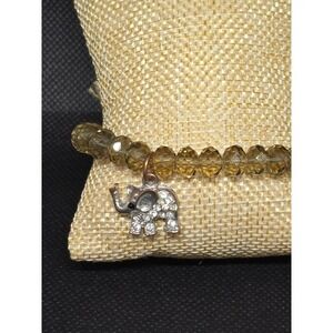 Vintage Amber plastic Beaded Elephant Charm Stretch Bracelet Rhinestone Estate